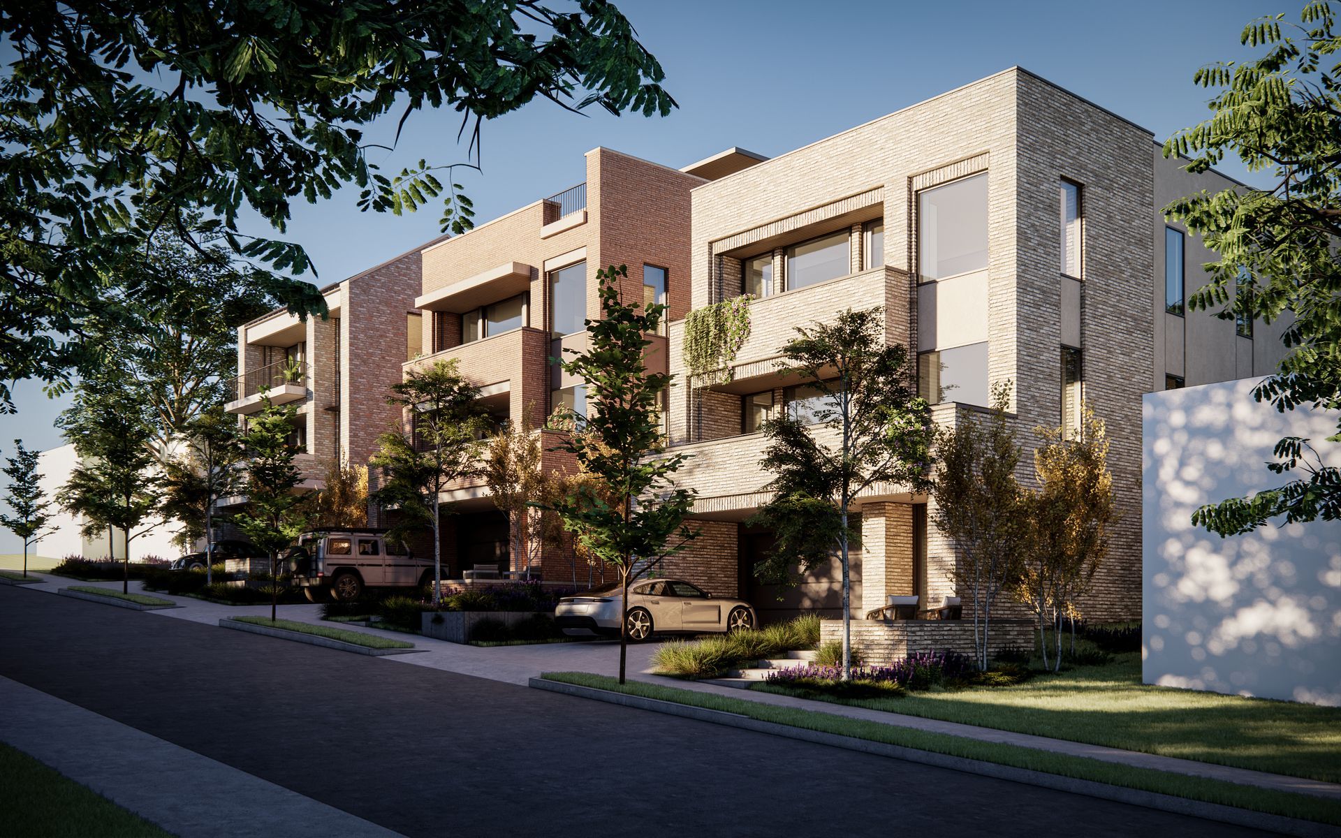 A visual rendering showing modern house in a residential neighborhood.