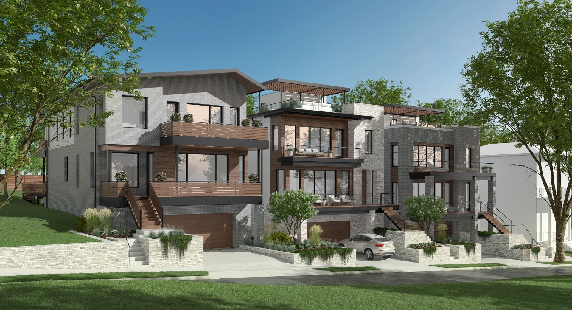 A visual rendering showing modern house in a residential neighborhood.
