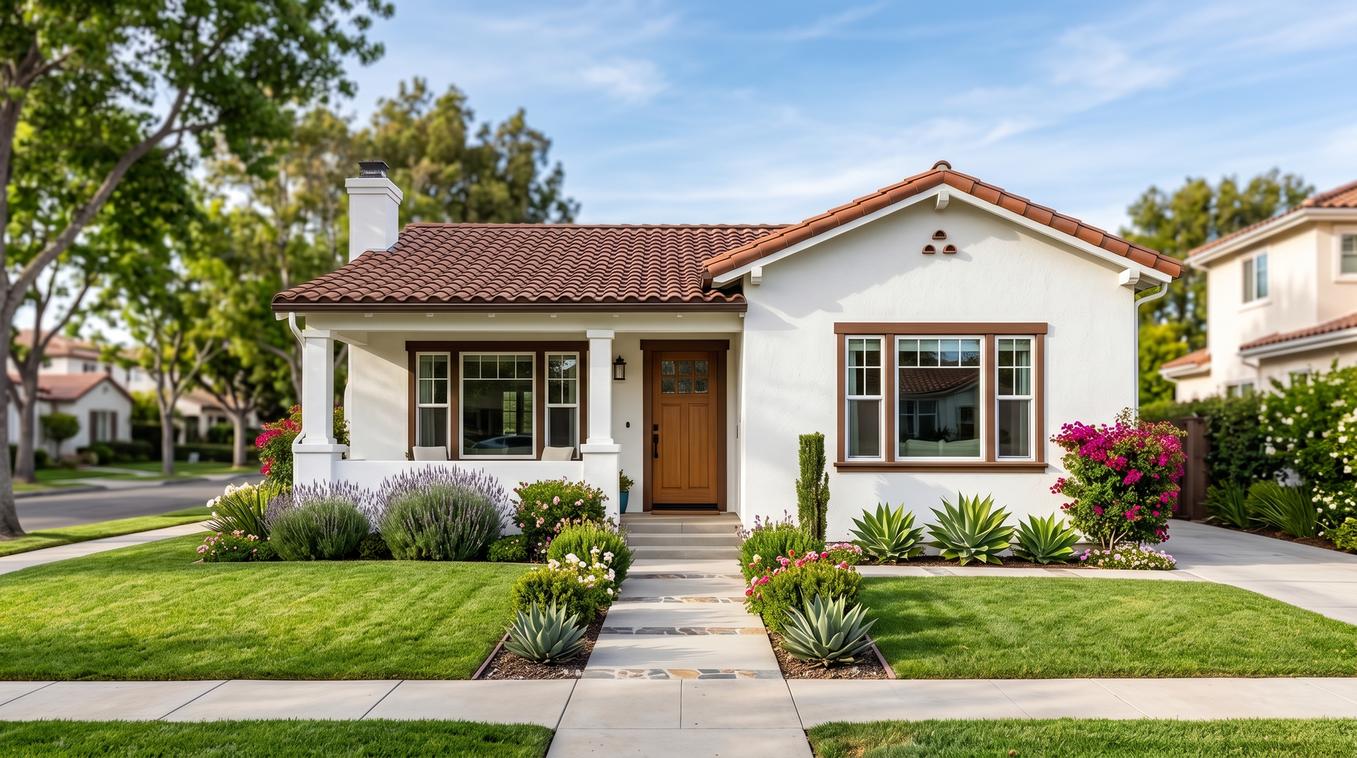 Single-story white house with red tile roof, front walkway, green lawn, and flowering shrubs.