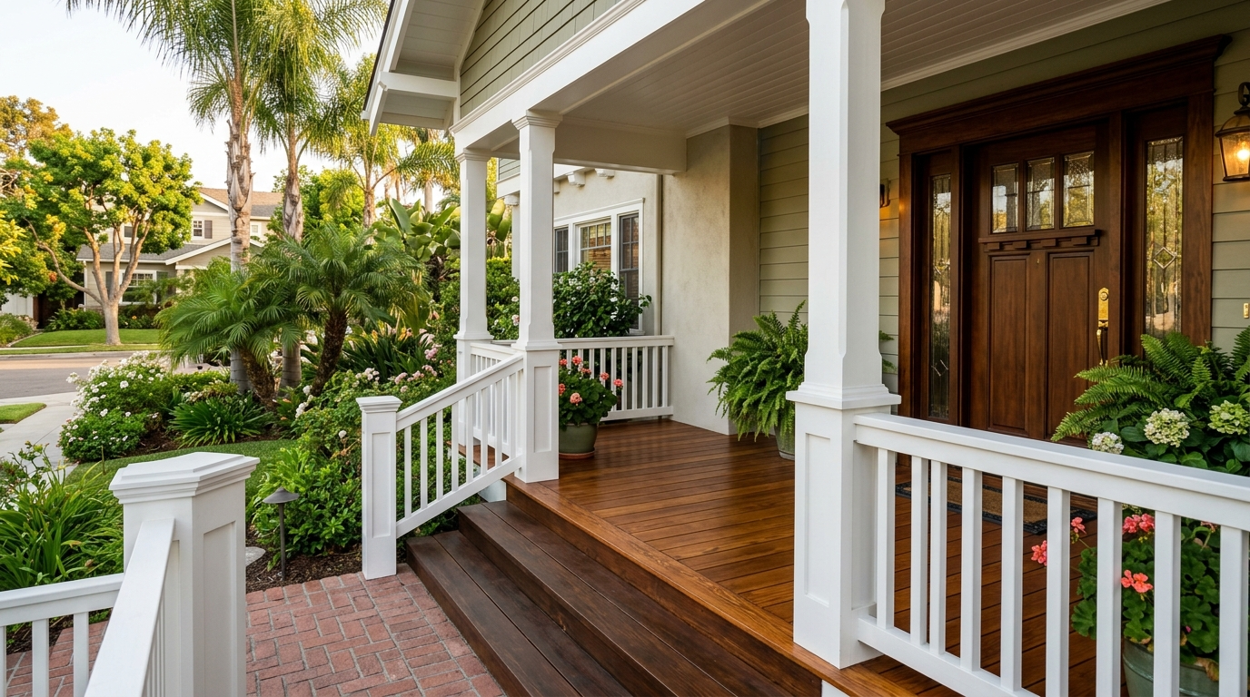 Front porch with white railings, wooden steps, and polished wood floor beside a landscaped garden.
