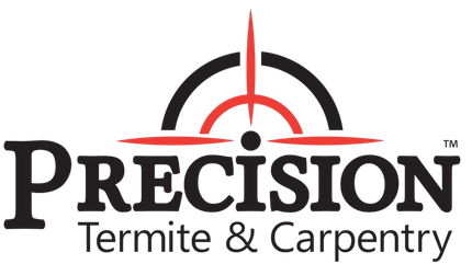 Precision Termite & Carpentry logo in black and red with a target-like arch icon