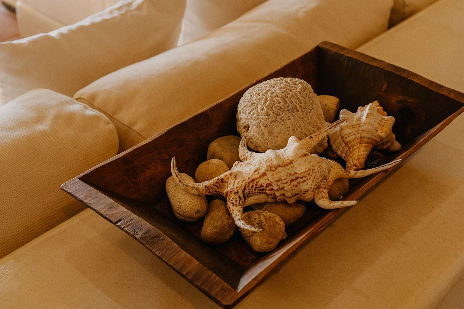 Un cuenco de madera lleno de conchas marinas y rocas está sobre un sofá.