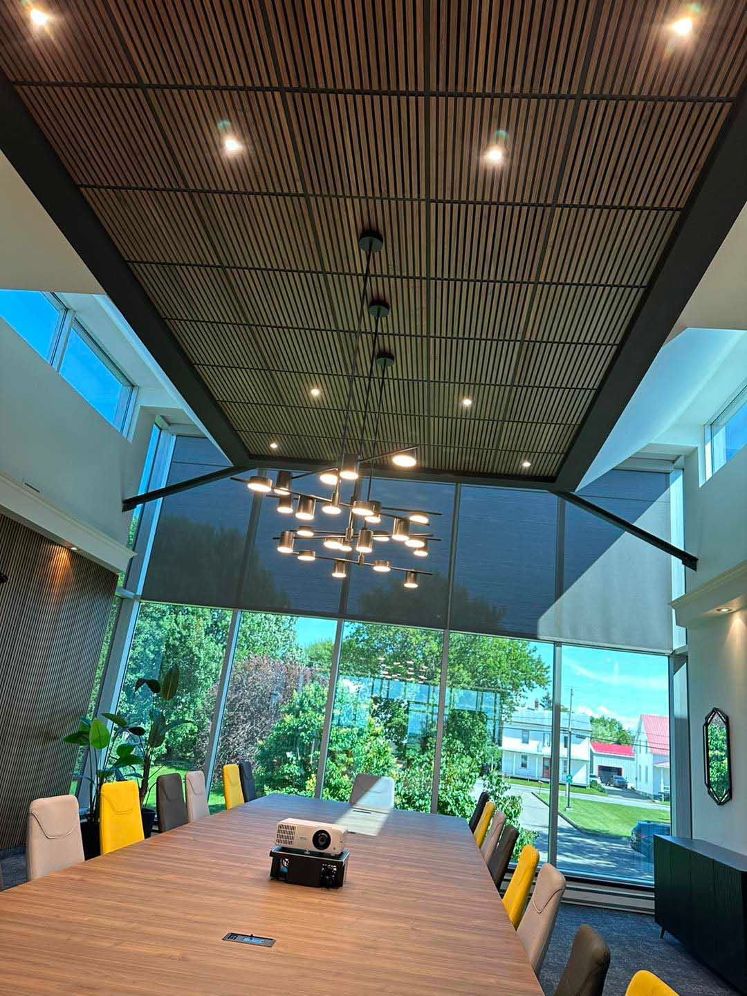 Mur à chevrons avec porte en arc; plafond à lattes de bois avec luminaire et spots encastrés.