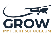 GROW My Flight School.com logo with a small airplane silhouette above bold navy text and gold subtitle