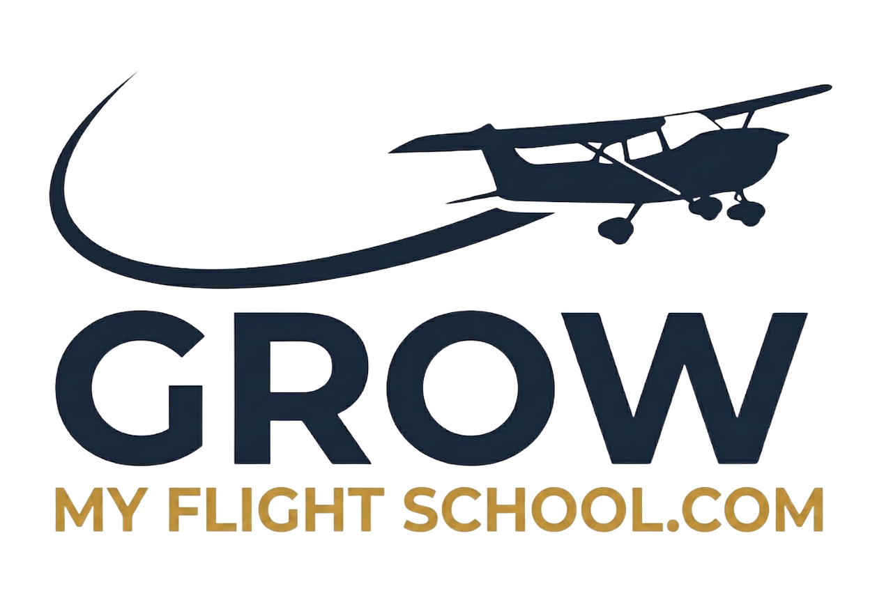 GROW My Flight School.com logo with a small airplane silhouette above bold navy text and gold subtitle