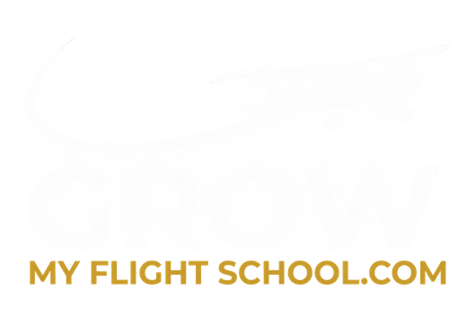 Grow MY FLIGHT SCHOOL.COM logo in gold text on a white background