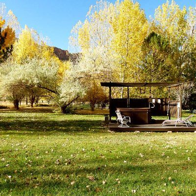 Sunny park with yellow autumn trees and a small wooden pavilion on a grassy lawn