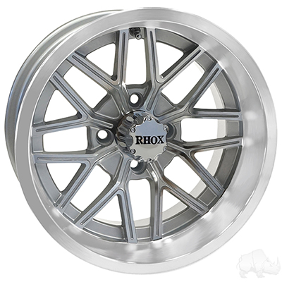 A close up of a rhox wheel on a white background.