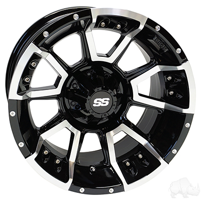 A close up of a black and silver wheel on a white background.