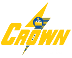 A yellow and blue logo for crown with a crown on it