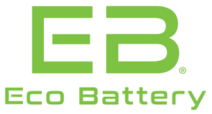 The eb eco battery logo is green and white on a white background.