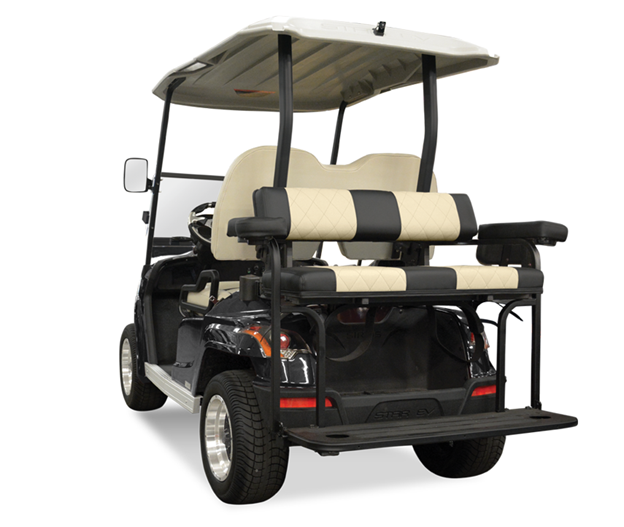 A black and white golf cart with two seats