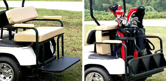 Two pictures of a golf cart with a golf bag in the back.