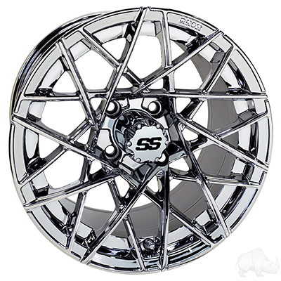 A close up of a chrome wheel on a white background.