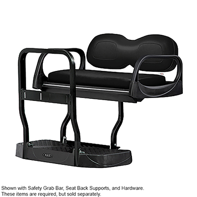 A black golf cart bench with safety grab bar , seat back supports , and hardware.