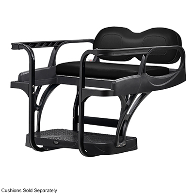 A black golf cart seat with cushions sold separately.