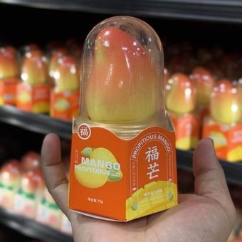 A person is holding a mango in their hand