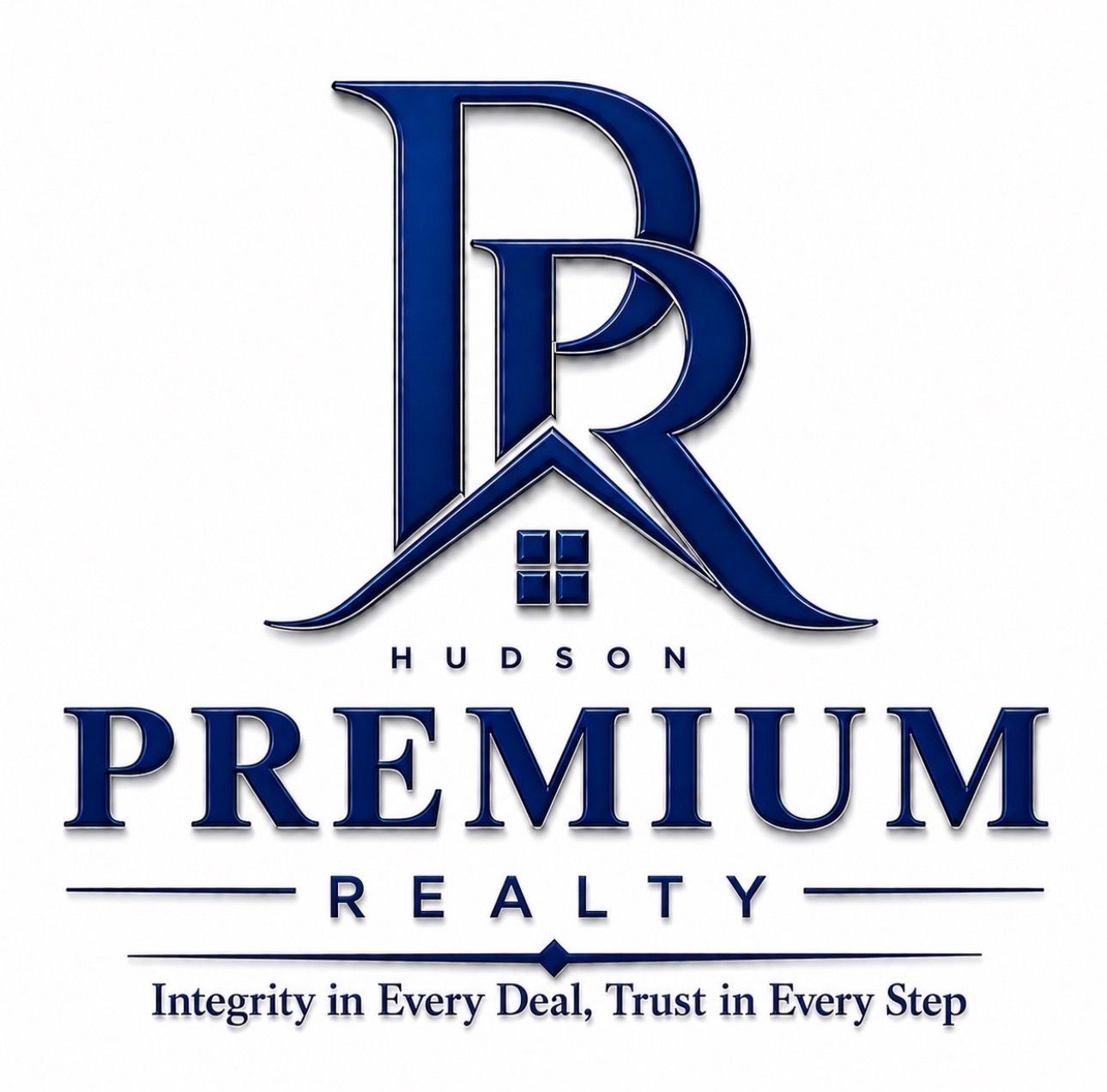 Hudson Premium Realty logo in blue with slogan &ldquo;Integrity in Every Deal, Trust in Every Step&rdquo;