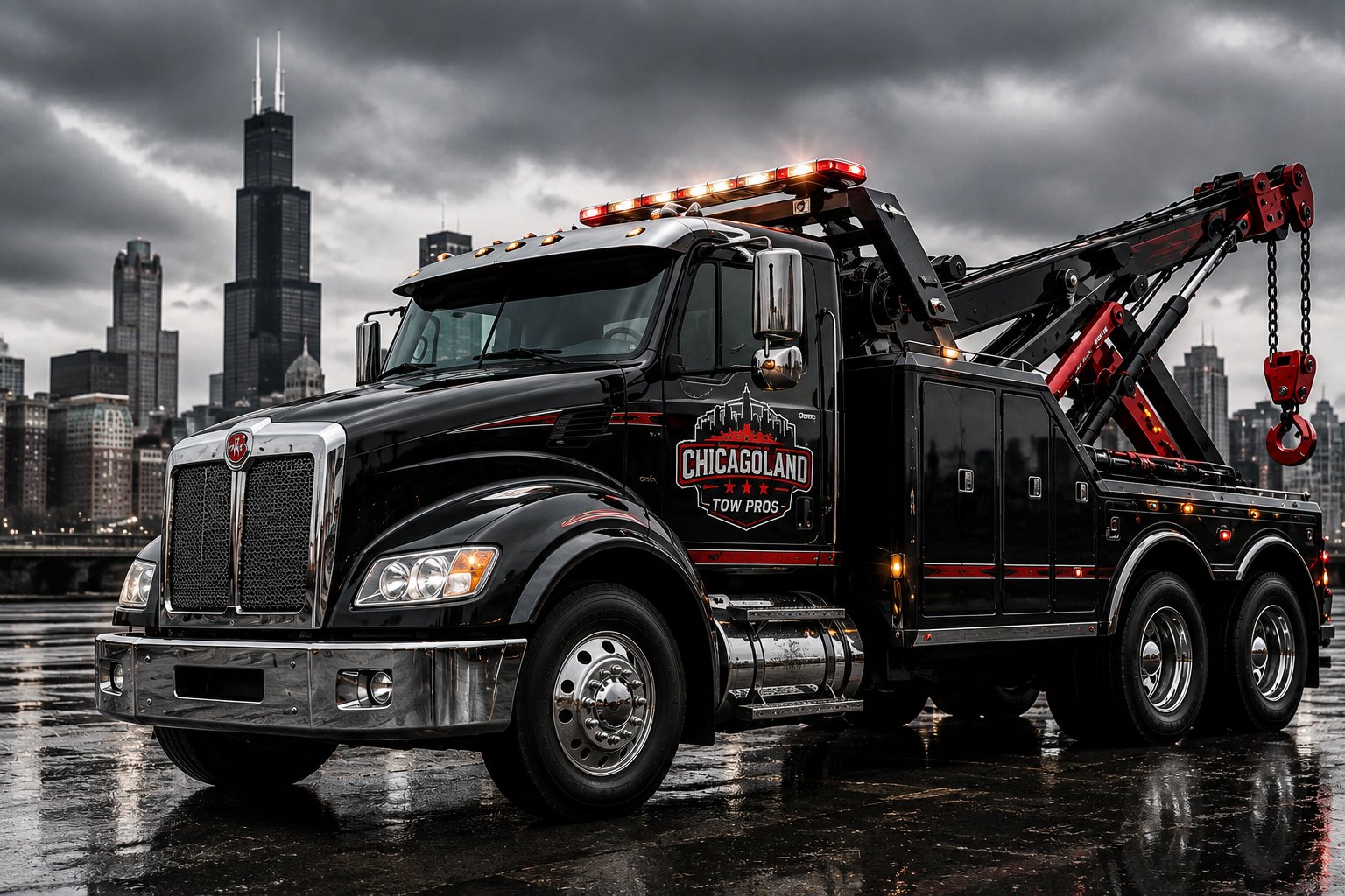 Chicagoland Tow Pros tow truck with the Chicago skyline behind it