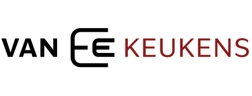 VAN FE KEUKENS-logo met zwarte en rode tekst op een witte achtergrond