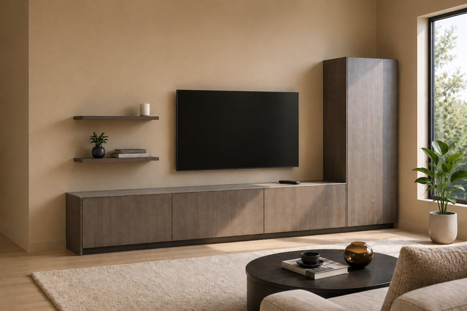 Moderne woonkamer met aan de muur gemonteerde tv, lage houten kast, hoge opbergkast en potplant.