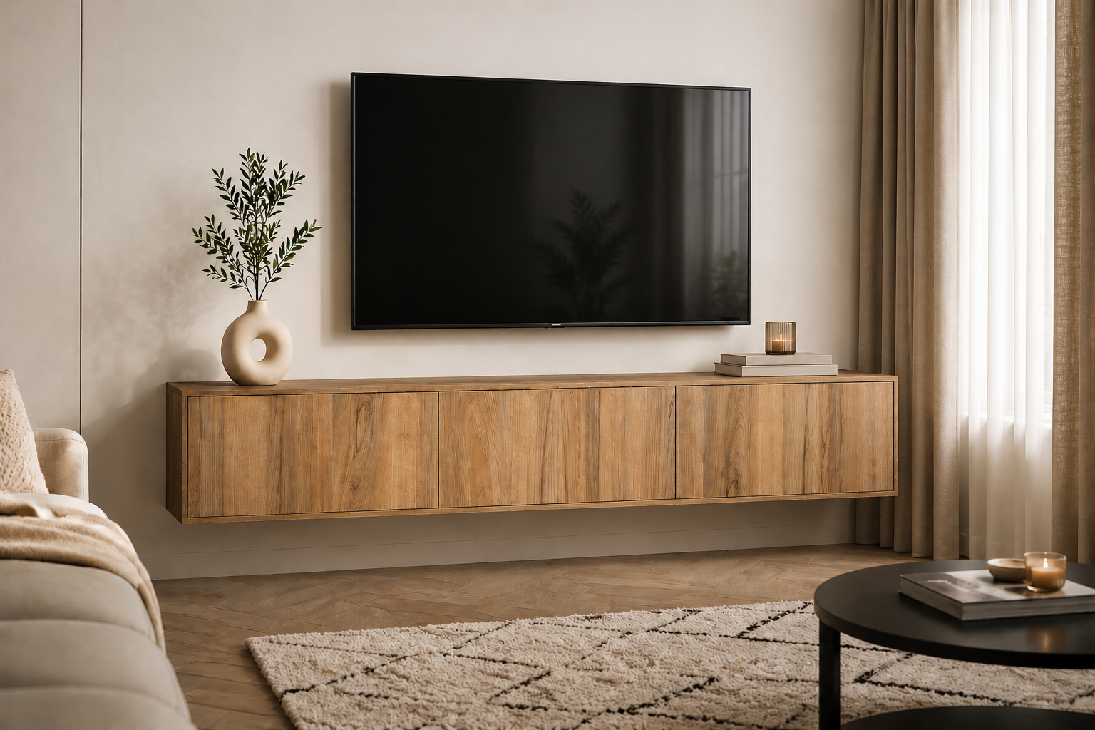 Moderne woonkamer met aan de muur gemonteerde tv boven een houten tv-meubel, beige bank en ronde salontafel.