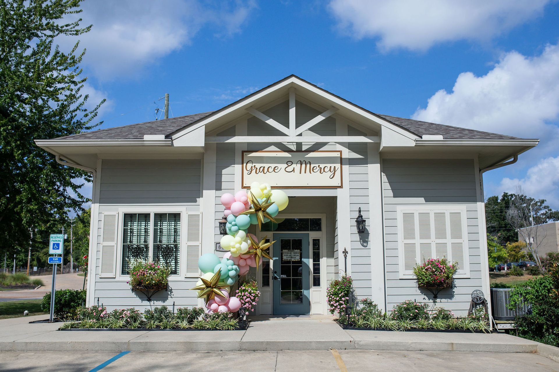 Exterior of a light blue building, 