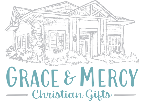 Grace & Mercy Christian Gifts logo: Sketch of a building, turquoise text on a white background.