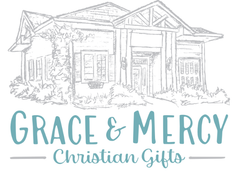 Grace & Mercy Christian Gifts logo: Sketch of a building, turquoise text on a white background.