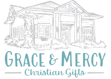 Grace & Mercy Christian Gifts logo: Sketch of a building, turquoise text on a white background.