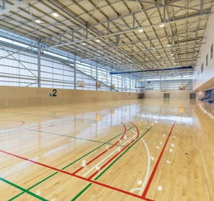 View of an installed timber flooring in a sports facility, showcasing flooring services.