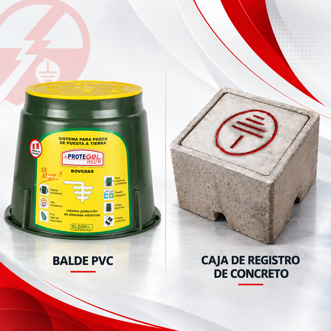 Tapa de PVC verde para cámara de servicio y caja de inspección de hormigón gris sobre fondo blanco.