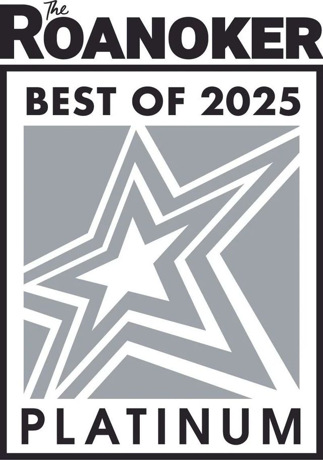 The Roanoker Best of 2025 Platinum award badge with a silver star on gray background