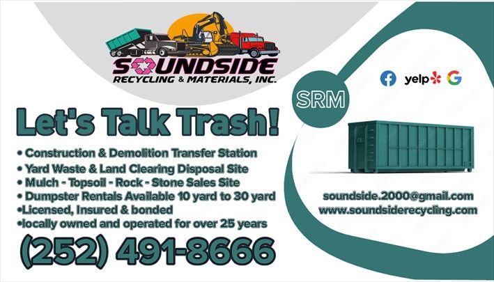 Soundside Dumpster & Disposal Services
OBX Dumpster Services
OBX Dumpster Rentals
OBX Disposal Services
Currituck Disposal