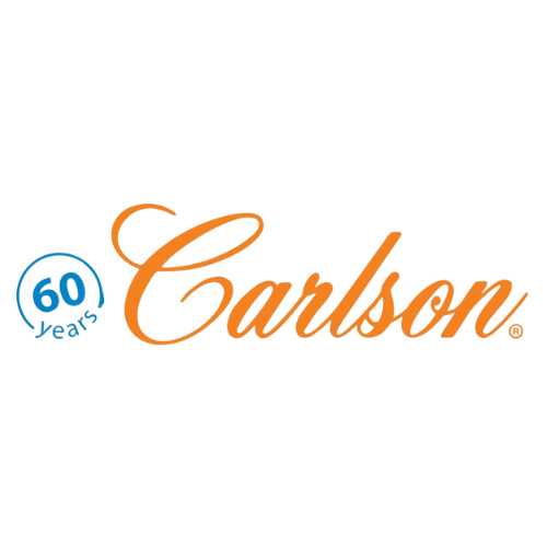 Logo for Carlson, an orange script word with 