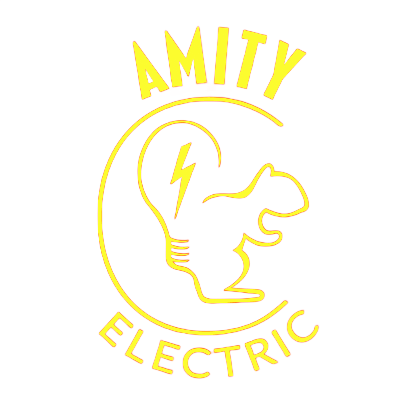 Amity Electric logo in yellow with a dog, lightning bolt, and crescent moon