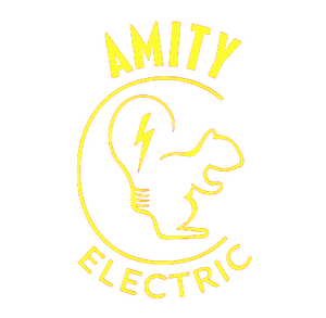 Amity Electric logo in yellow with a dog, lightning bolt, and crescent moon