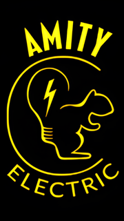 Amity Electric logo with yellow lightbulb and dog outline on black background