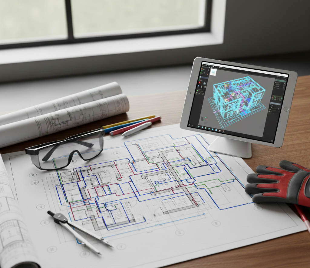 Scrivania da architetto con progetti, iPad con modello 3D, occhiali di sicurezza, attrezzi e planimetrie arrotolate.