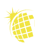 Globo giallo con linee a griglia e grafica a raggiera.