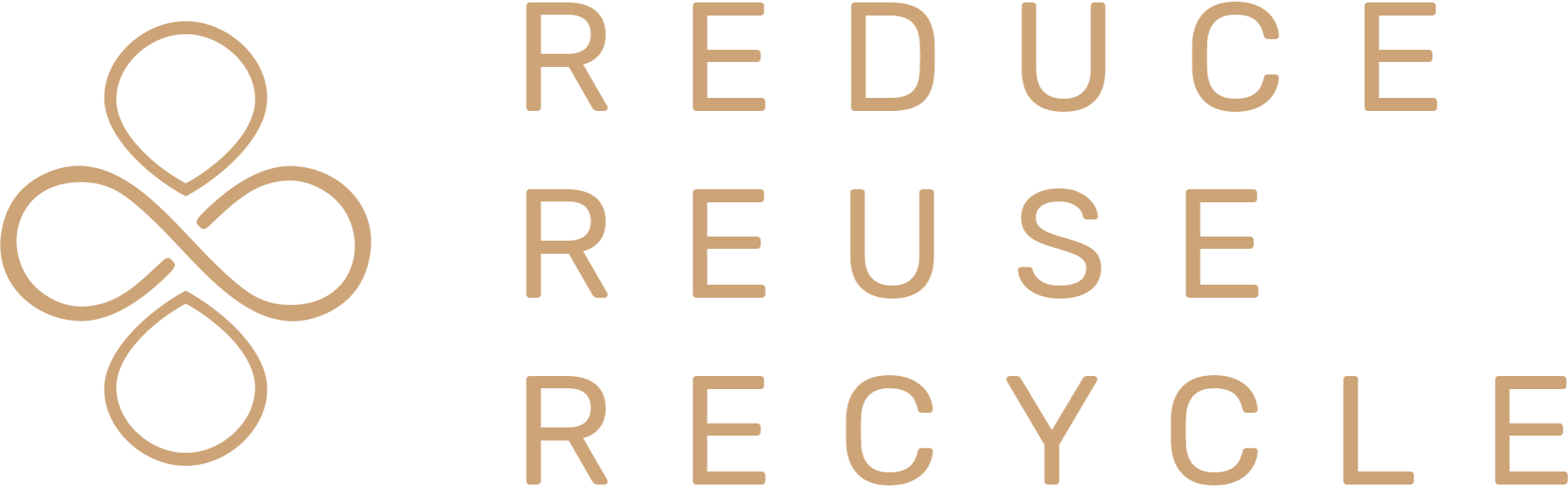 Golden logo with reduce, reuse, and recycle text. An intertwined four-leaf clover emblem is on the left.