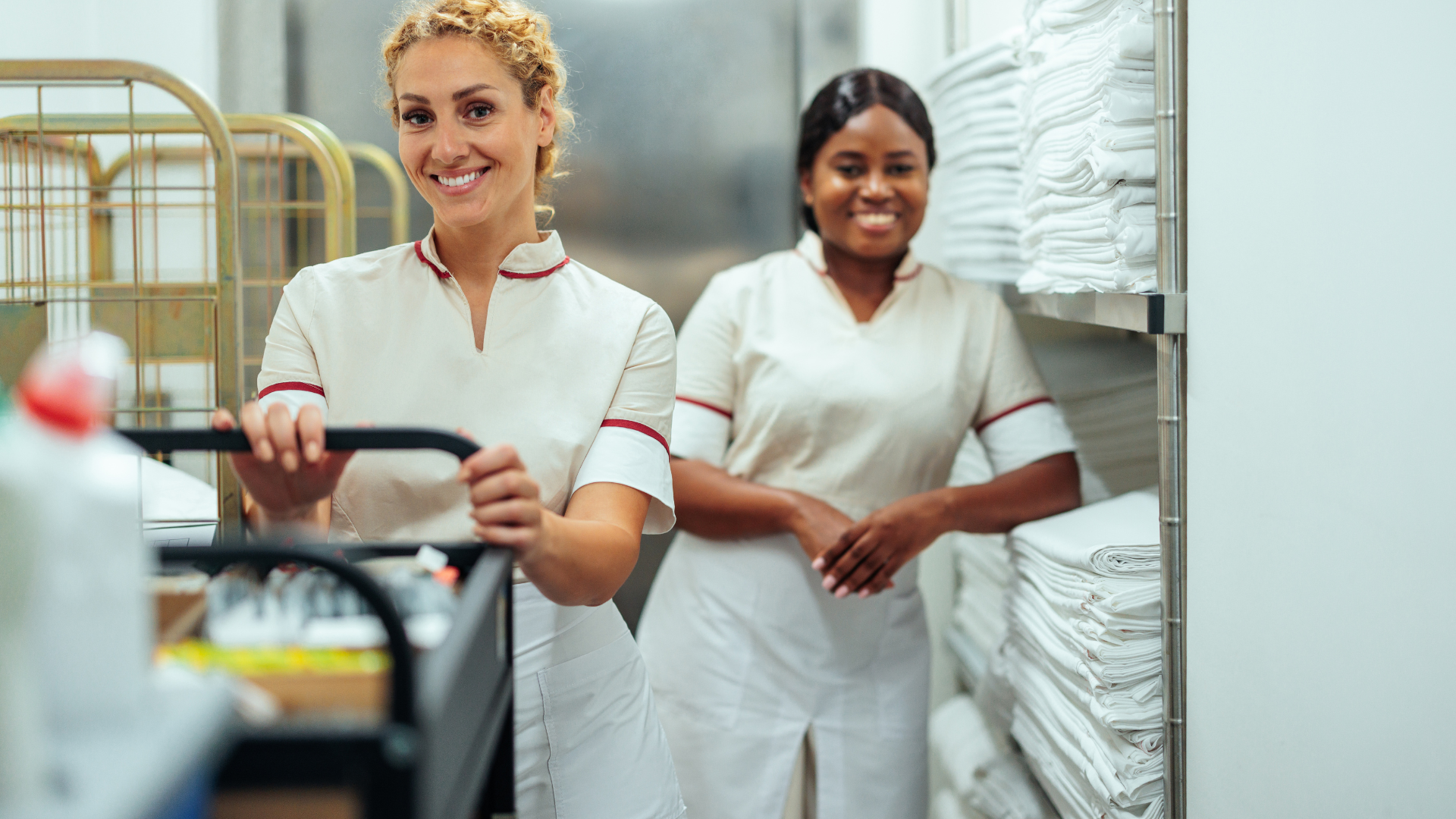 Two maids are standing next to each other in a laundry room.