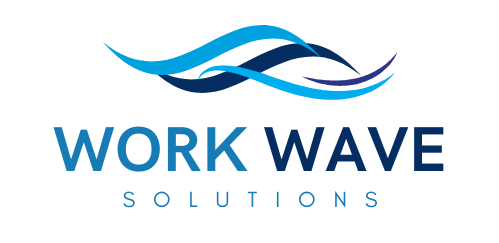 The logo for work wave solutions shows a wave and the words `` work wave solutions ''.
