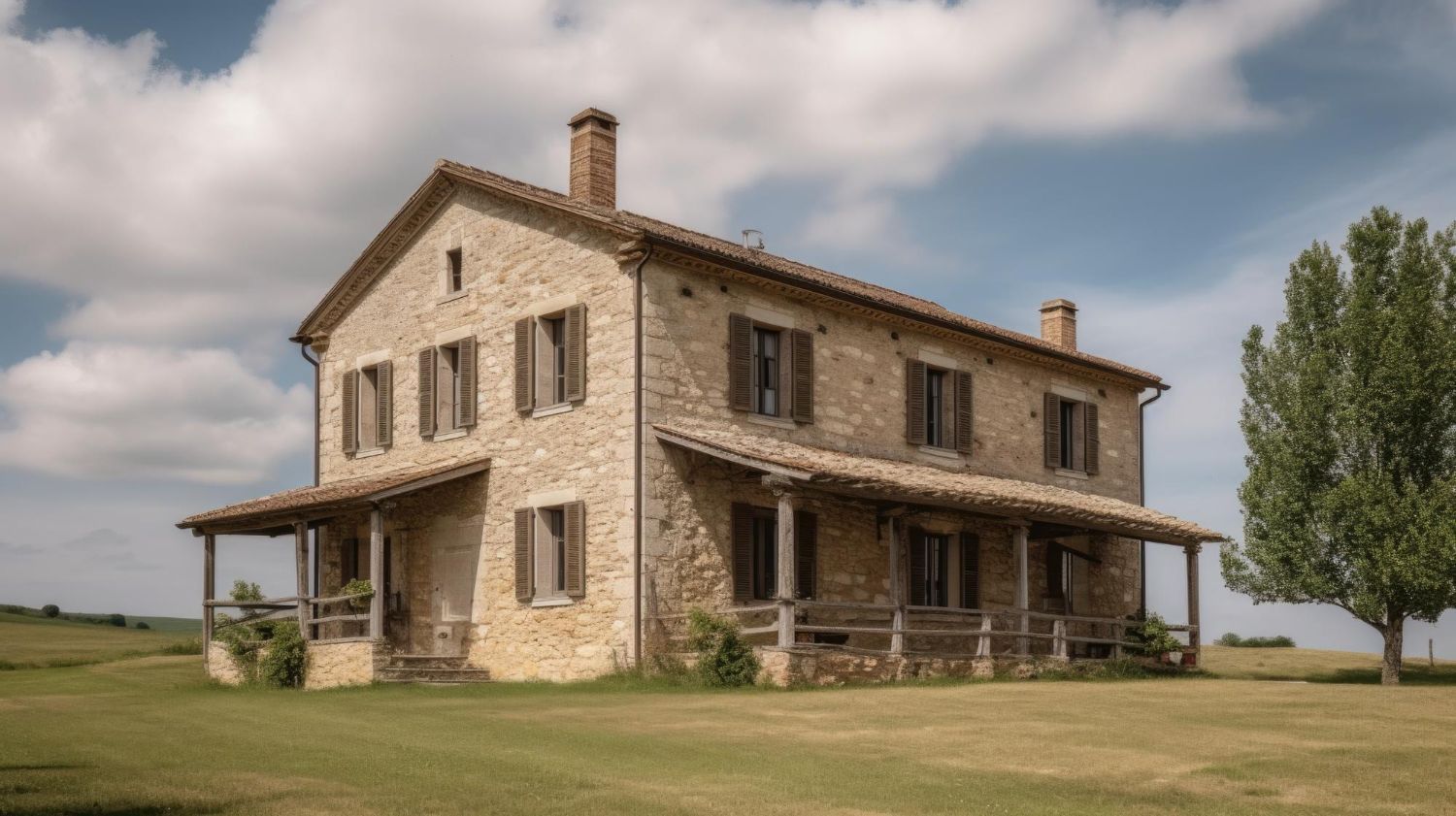 A large stone house with a porch is sitting in the middle of a grassy field.