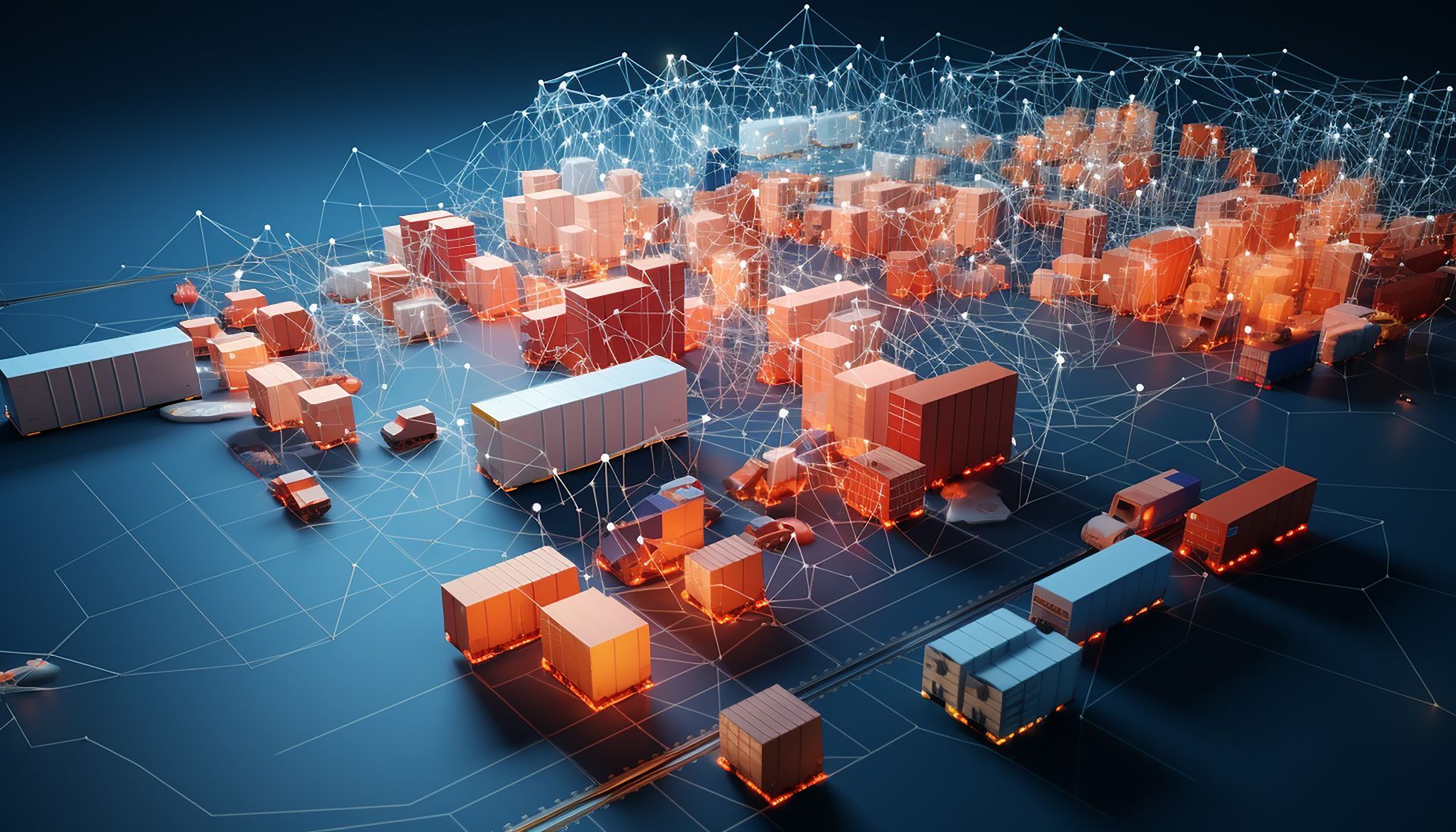 A bunch of trucks and containers are interconnected by blockchain.
