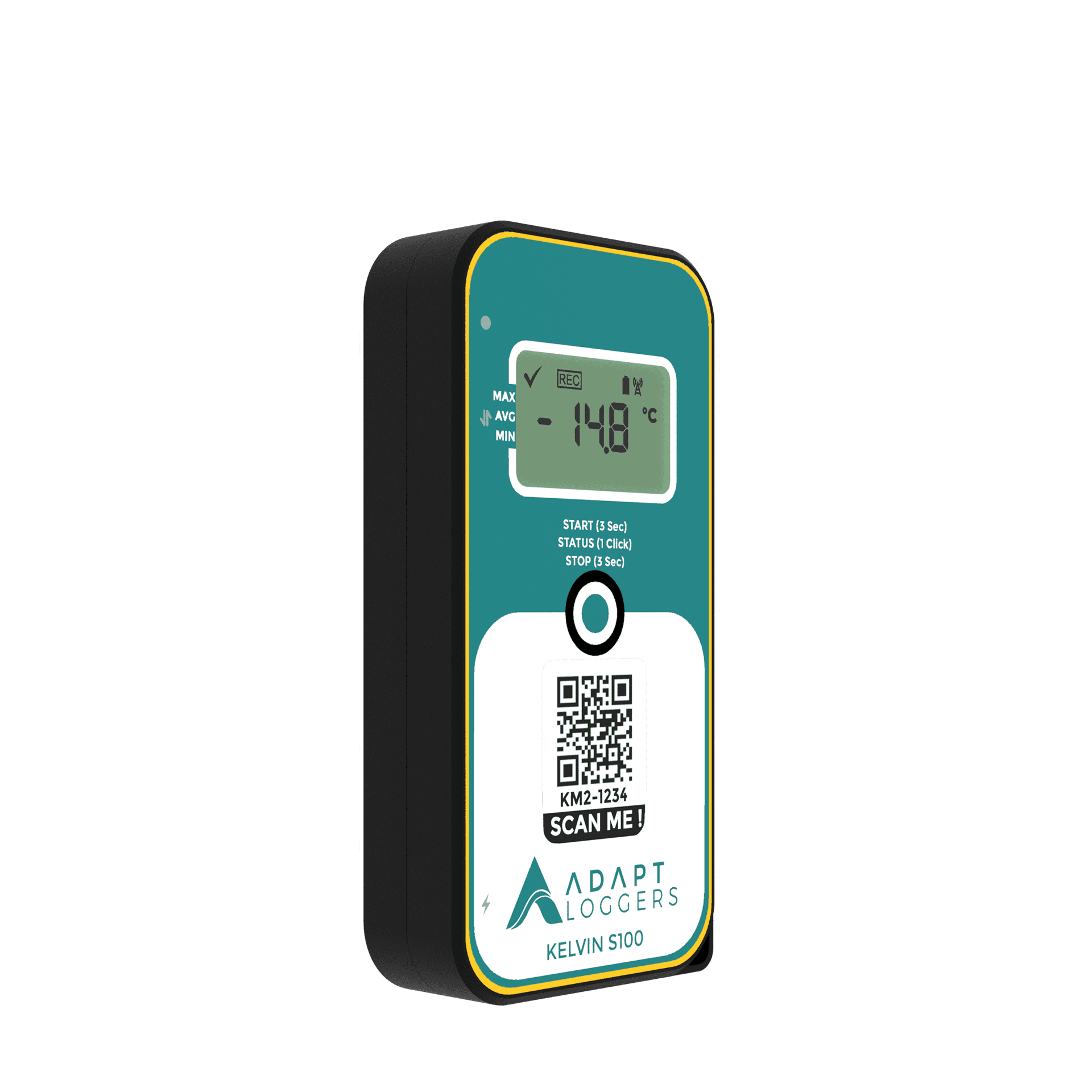 A green and black device with a qr code on it.