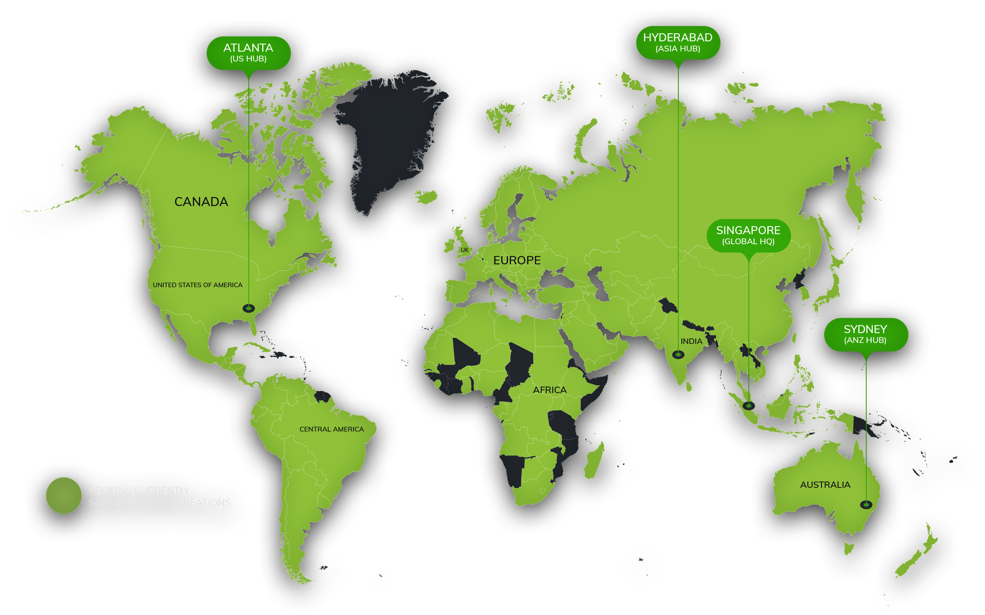 A green and black map of the world