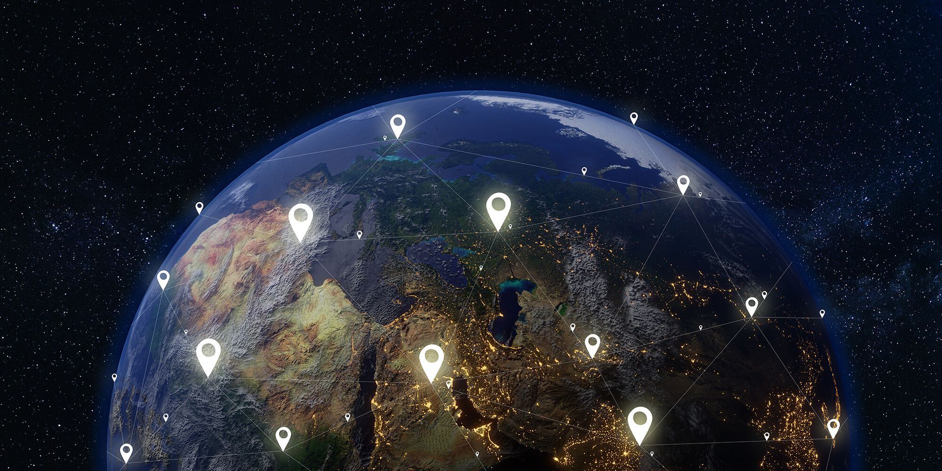 Data Logging In The Supply Chain A view of the earth from space with a lot of pins on it.