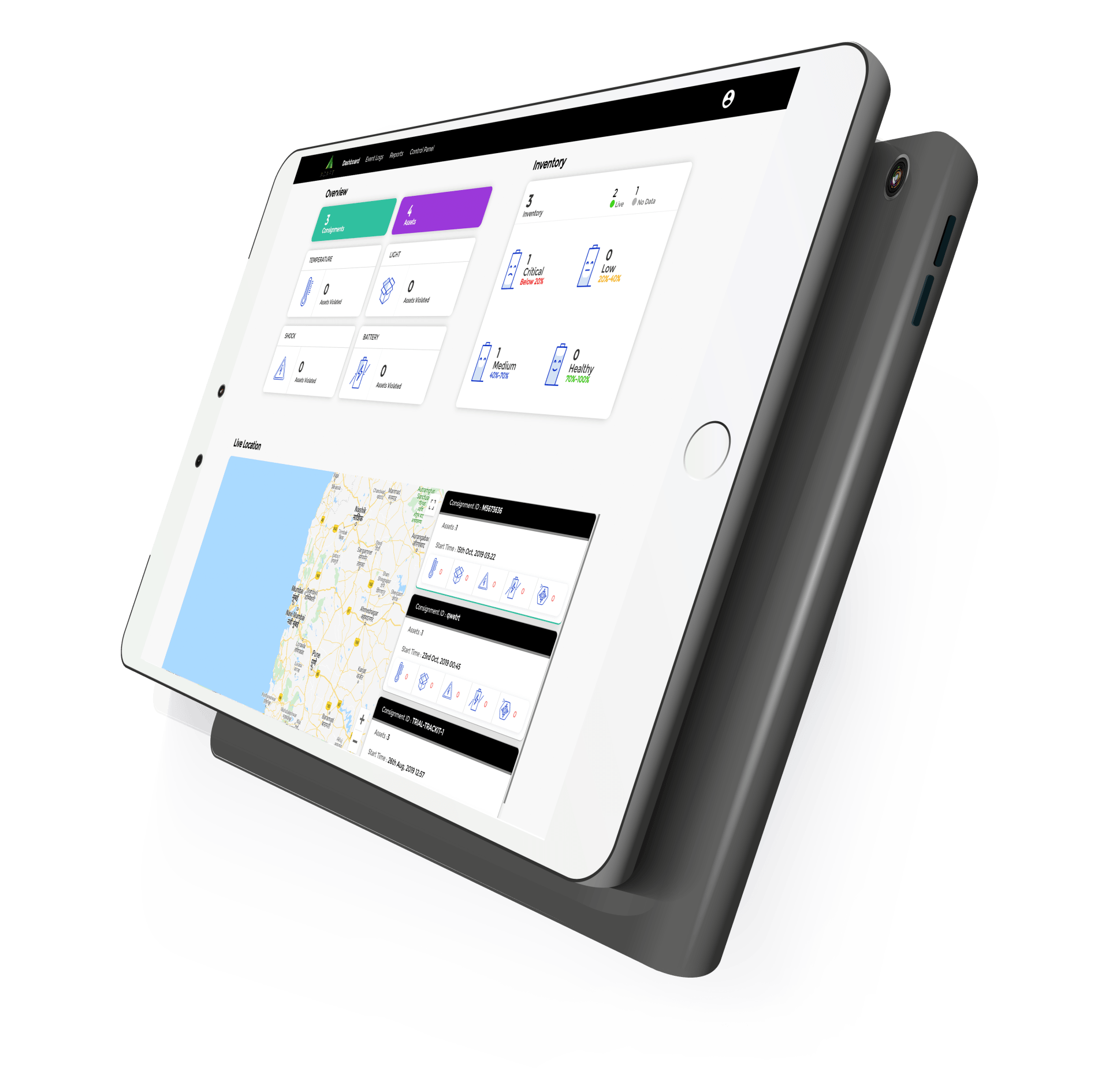A tablet is sitting on a stand on a white background.