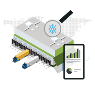 An isometric illustration of a warehouse with trucks and a magnifying glass.